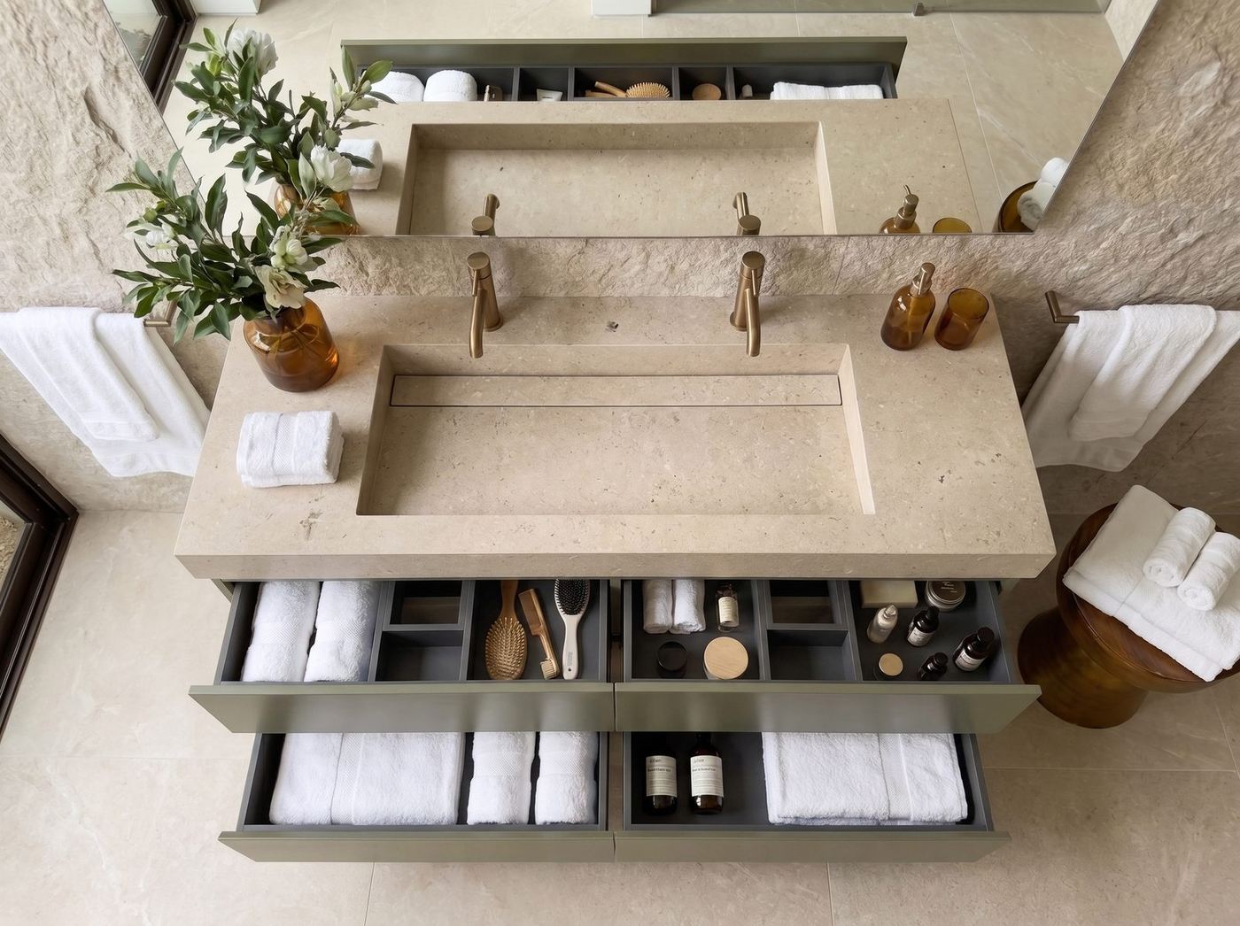 Interior organizado de los cajones de un mueble de baño