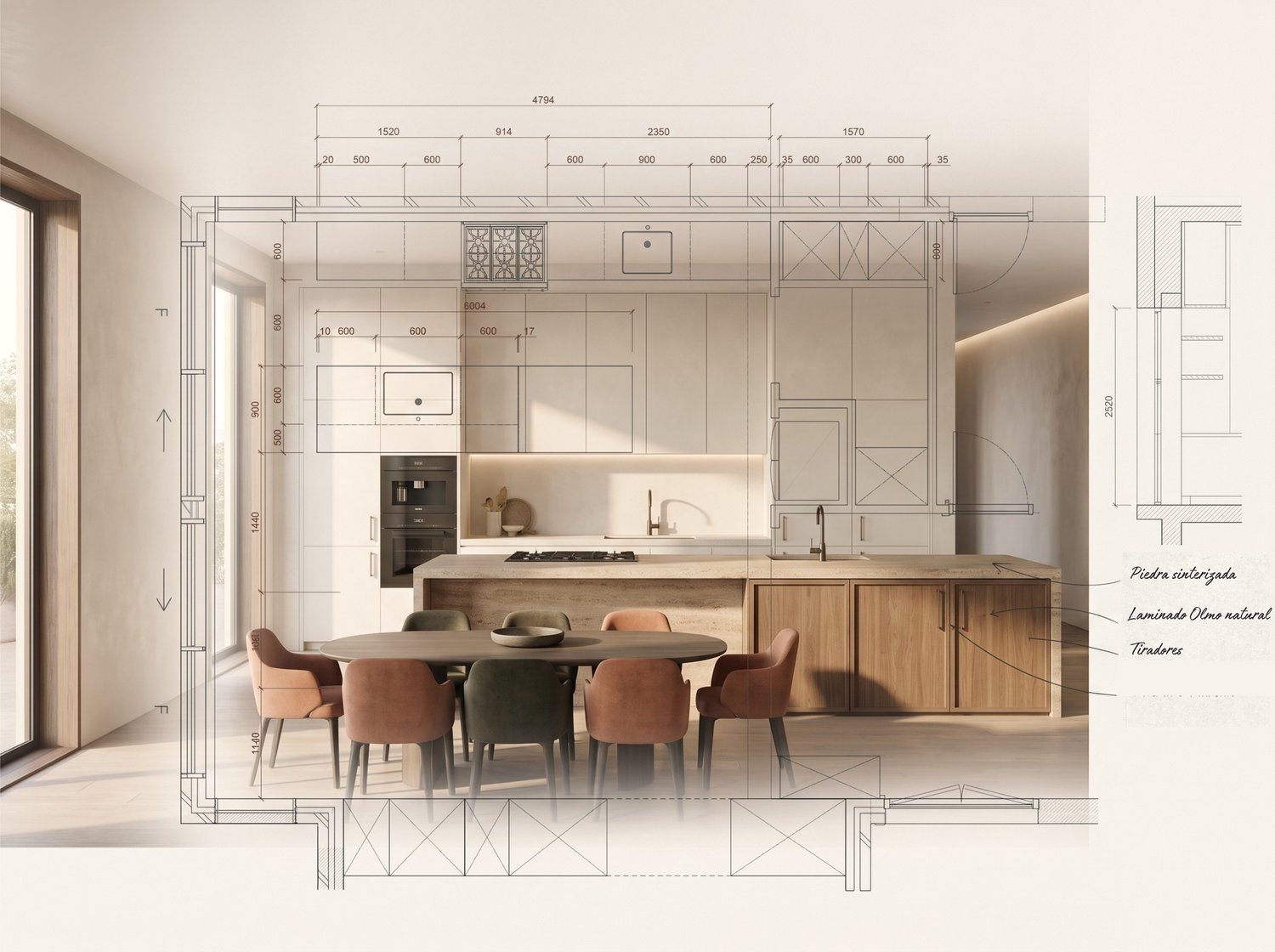Plano de una cocina superpuesto sobre el espacio terminado